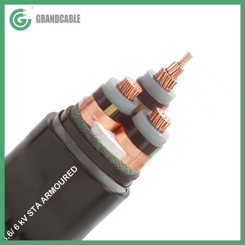 3X500mm2 Câble électrique de puissance armé en acier avec isolation en XLPE/PVC/DSTA/PVC 3.6/6kV 7.2kV IEC 60502-2