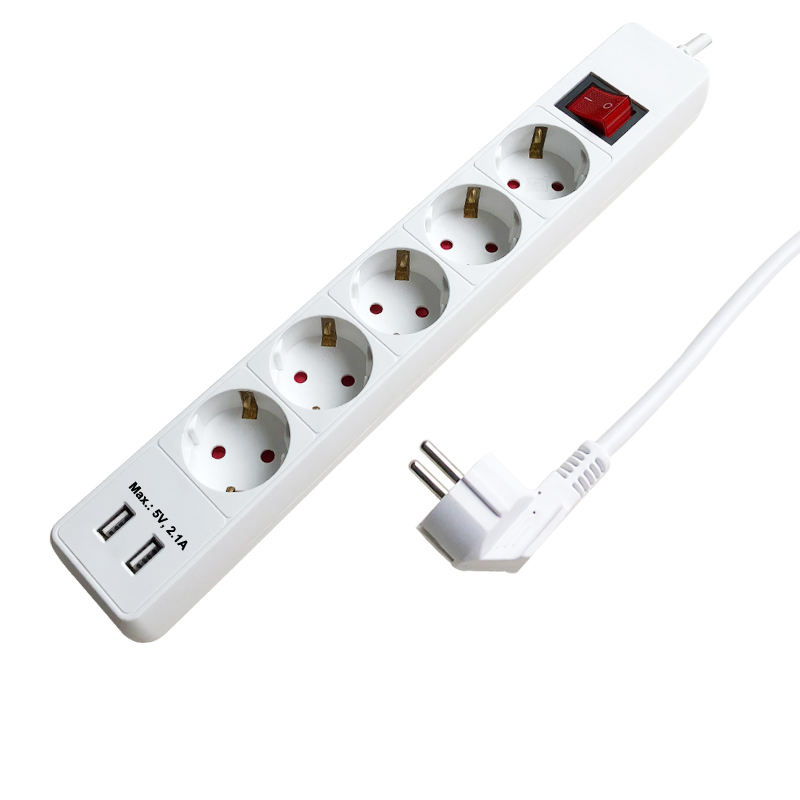 European 16A 4 5 Way EU German Socket Euro USB Power Strip with 2 USB